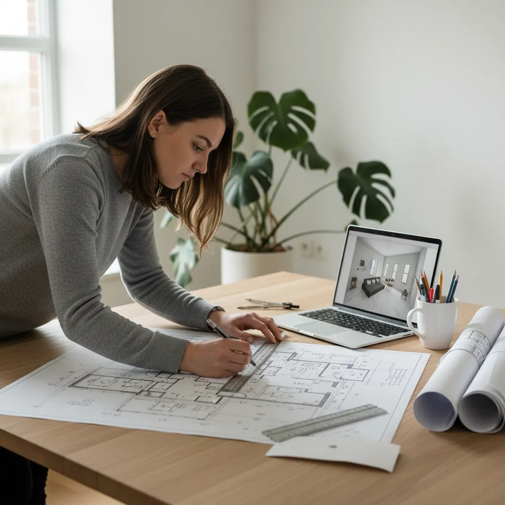 Estudiante creando la distribución de un apartamento en plano