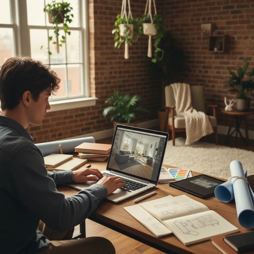 Estudiante trabajando en un render de interior en su ordenador portátil