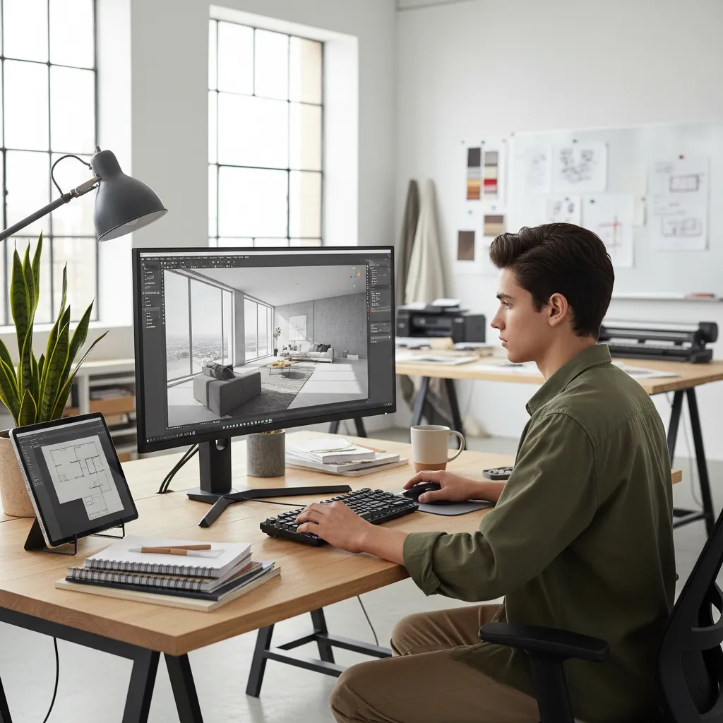 Estudiante de interiorismo trabajando en un modelo 3D en ordenador