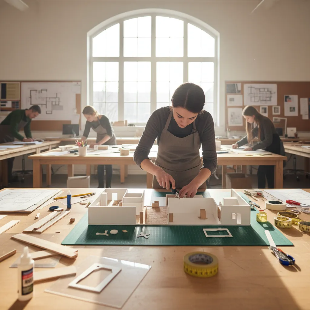 Estudiante de interiorismo trabajando en una maqueta de vivienda