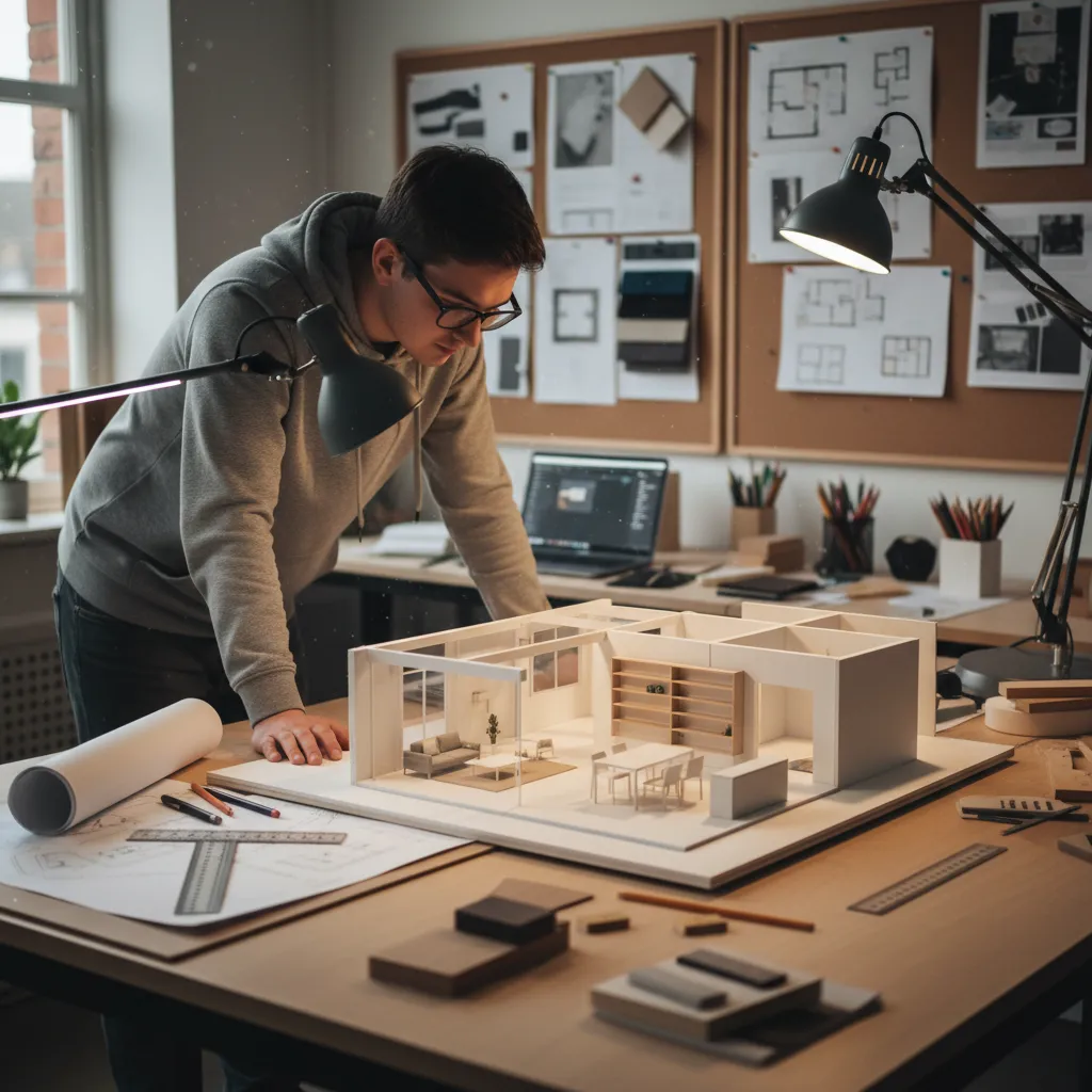 Estudiante revisando una maqueta de diseño de interiores