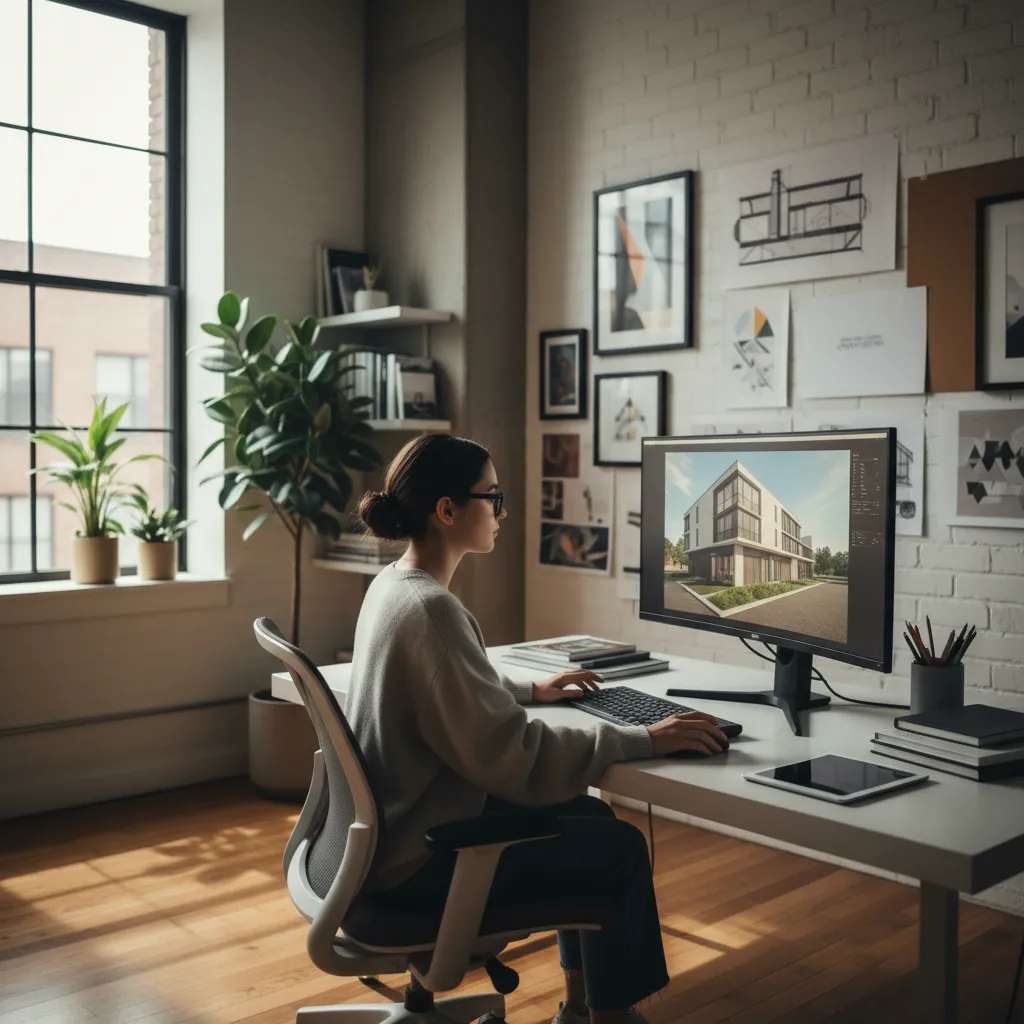 Estudiante trabajando en modelado 3D para diseño de interiores