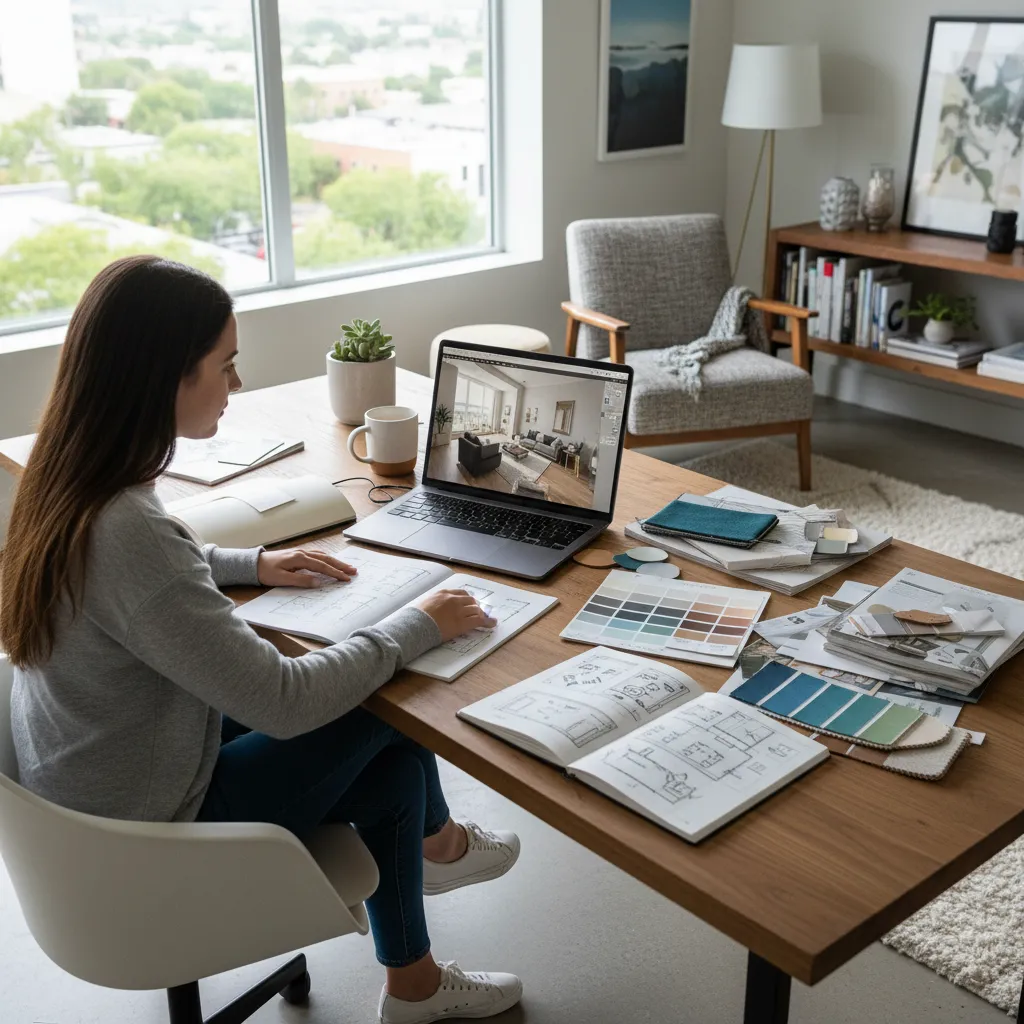 Persona diseñando una habitación en software 3D desde su ordenador portátil