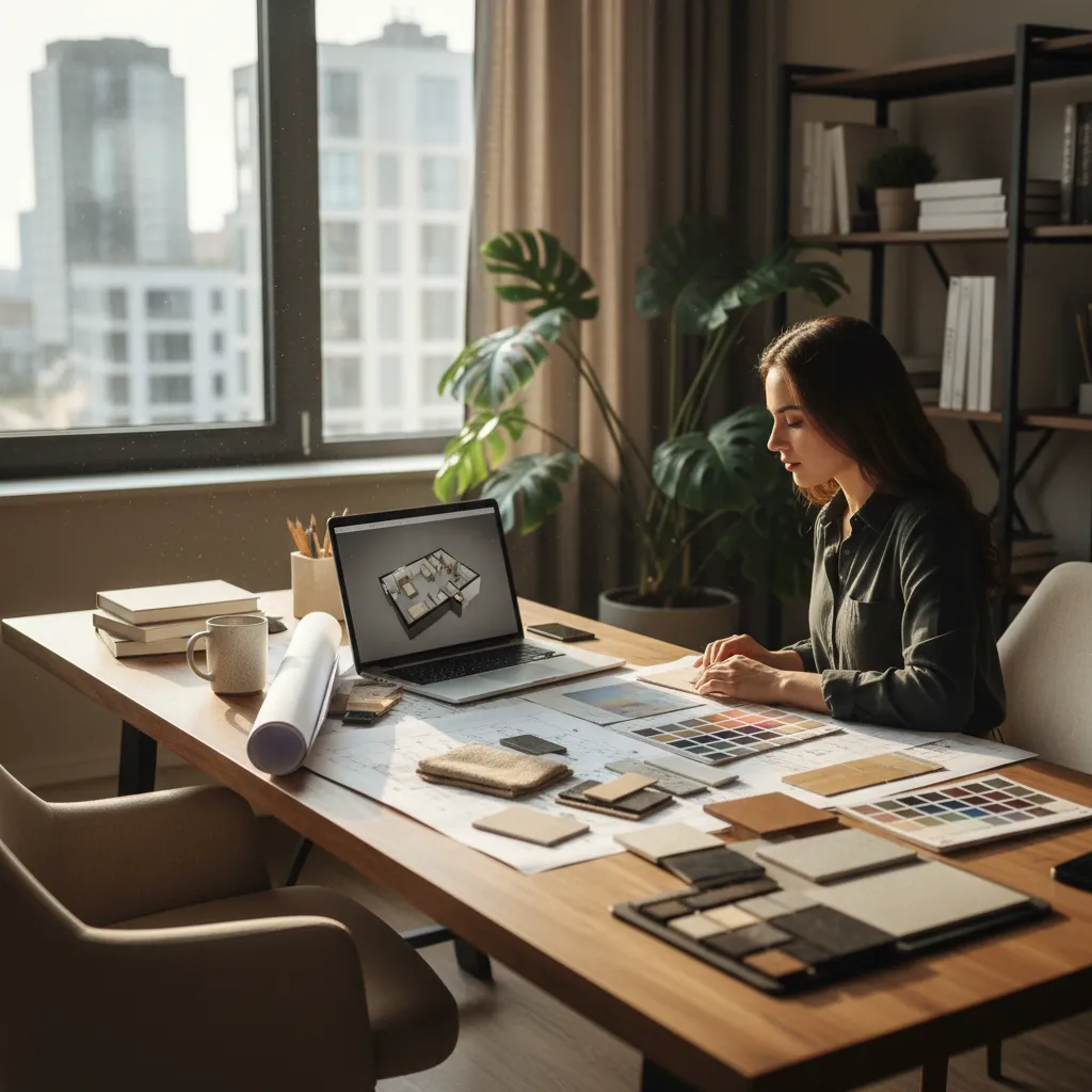 Persona estudiando diseño de interiores online con planos y muestras de materiales