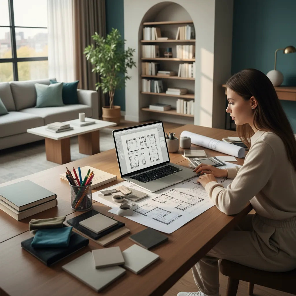 Persona estudiando diseño de interiores desde casa con ordenador y planos