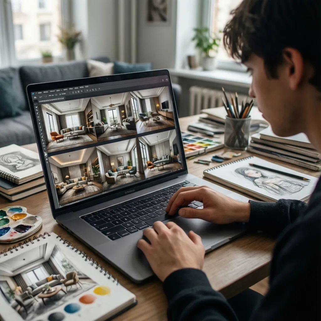 Estudiante preparando portafolio de diseño de interiores en laptop