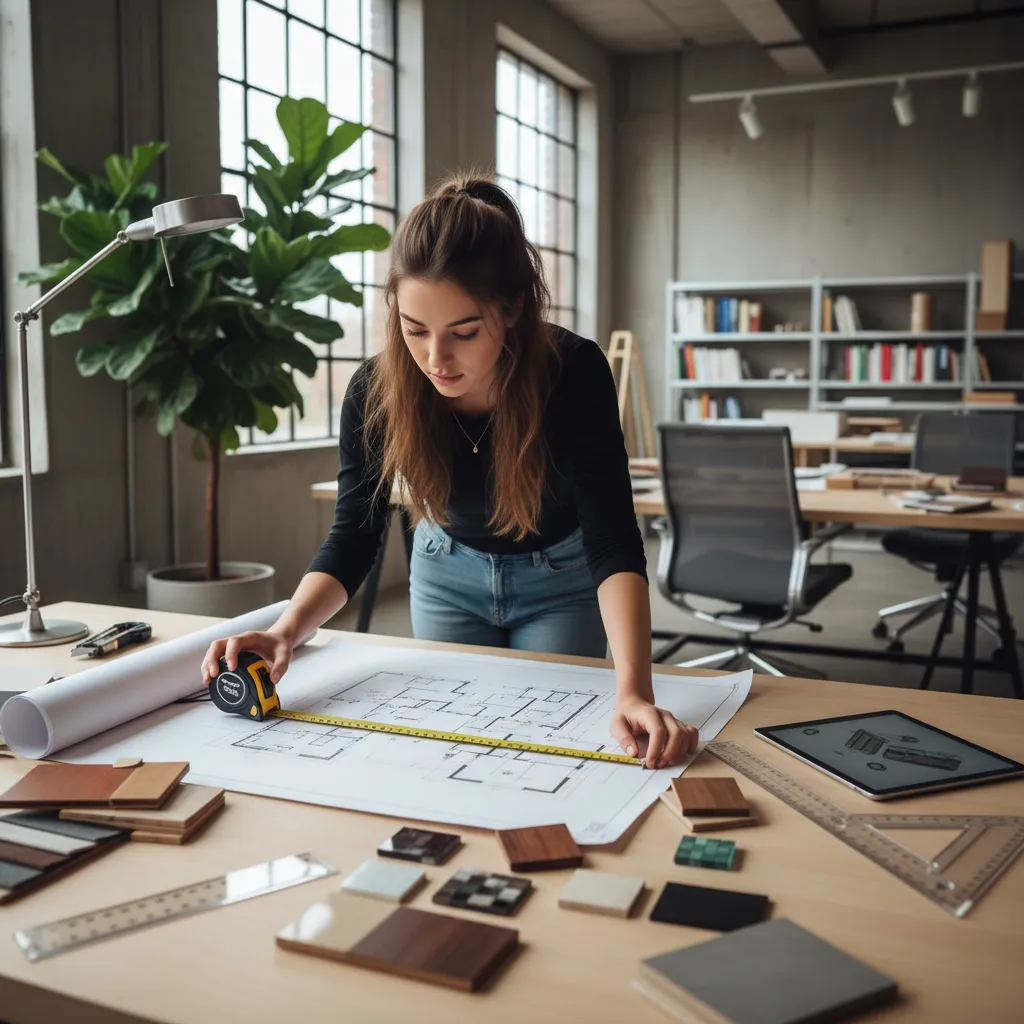Estudiante trabajando en un proyecto de diseño interior con planos y muestras