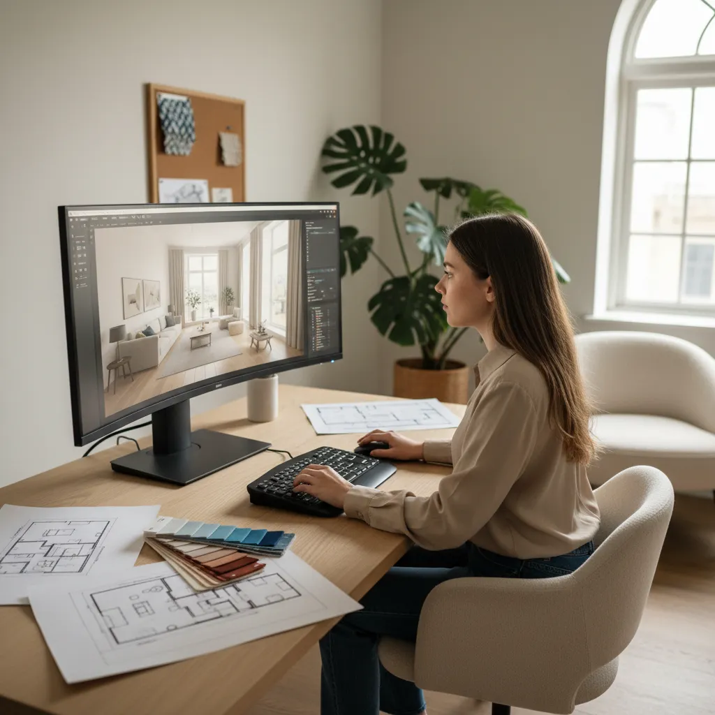 Estudiante practicando diseño de interiores en computadora con plano 3D