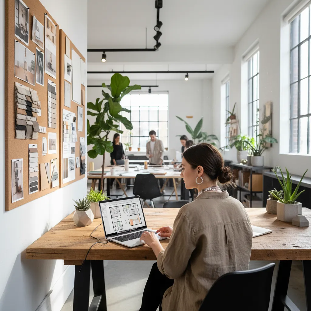 Woman using laptop to design room layout floor plan at wooden desk in bright office