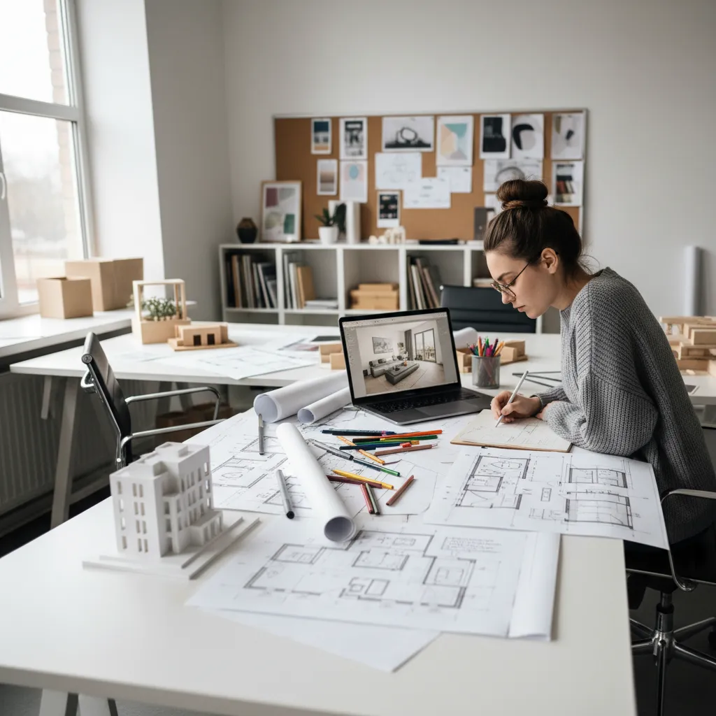Female designer working on floor plan drawings with laptop and house model on white desk
