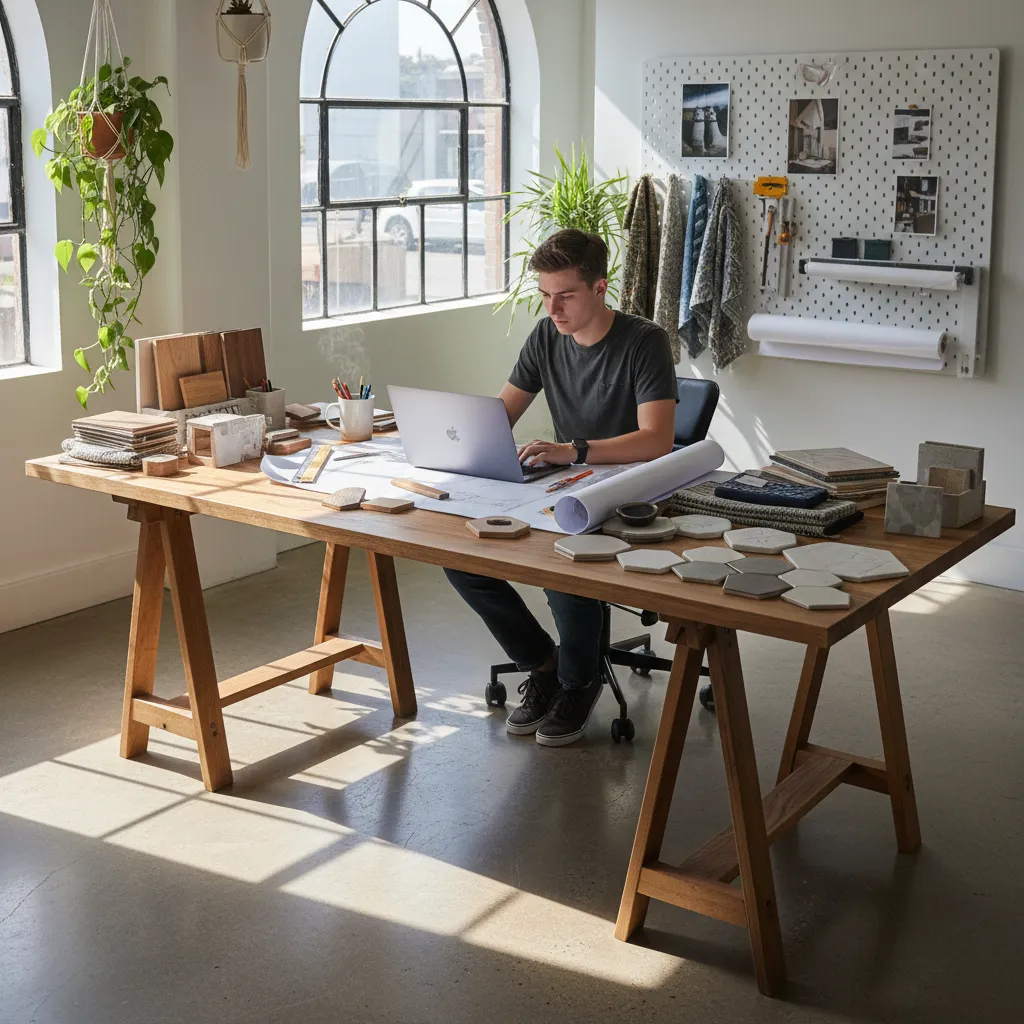 Estudiante de diseño de interiores trabajando en un proyecto con portátil y muestras de materiales