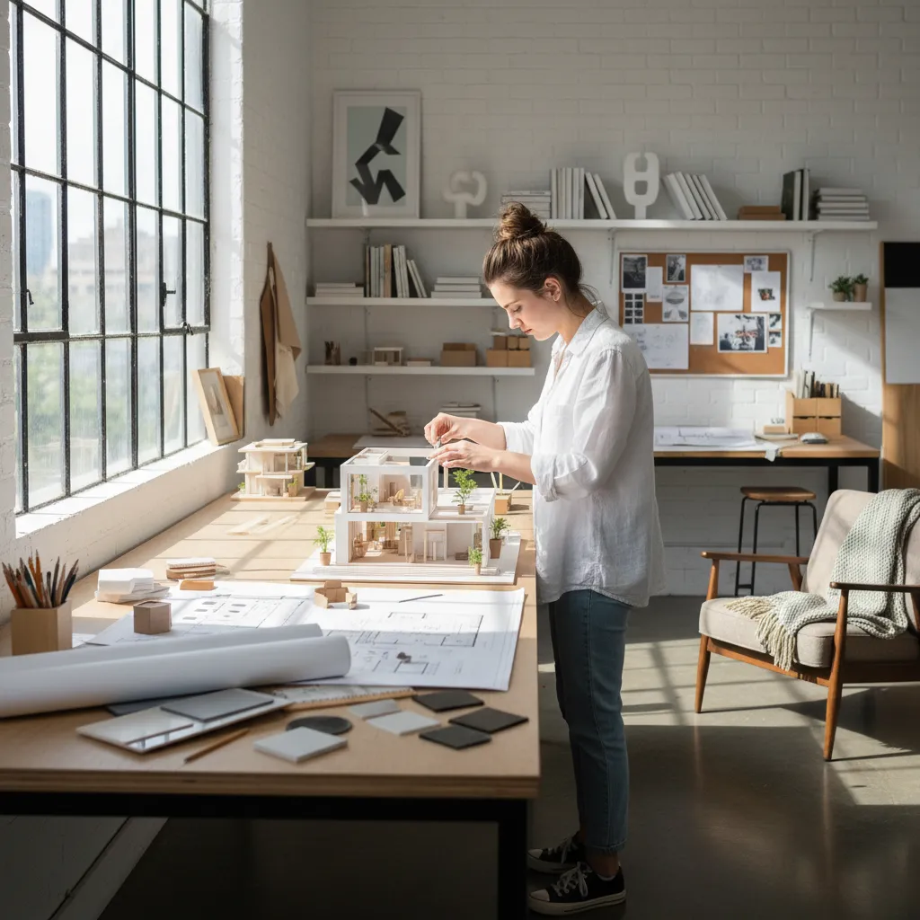 Estudiante de interiorismo trabajando en maqueta y planos