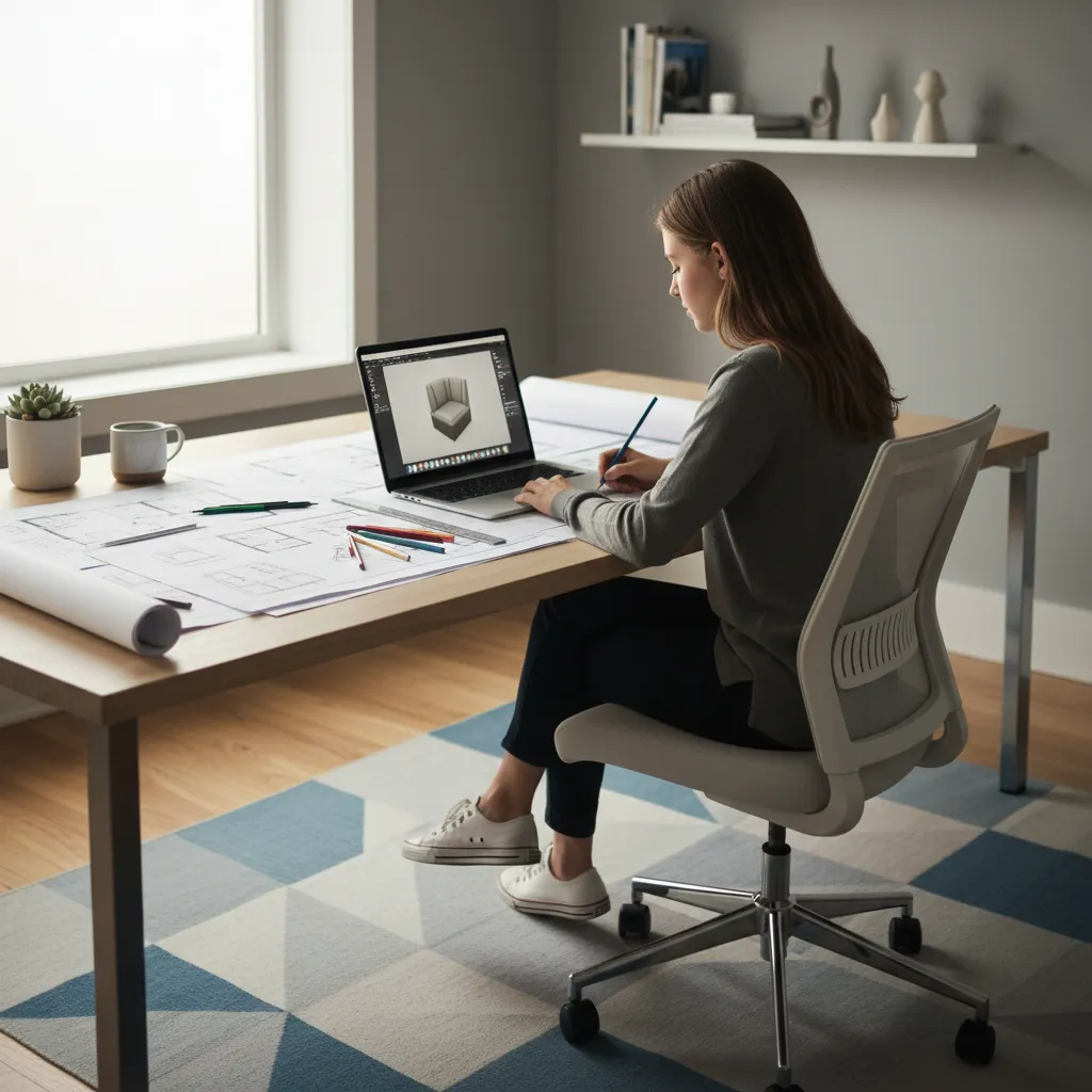 Estudiante de interiorismo trabajando en ordenador y planos