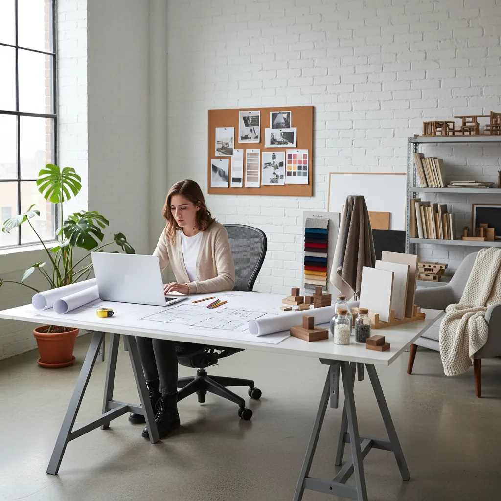 Estudiante de interiorismo trabajando en su proyecto con ordenador y planos