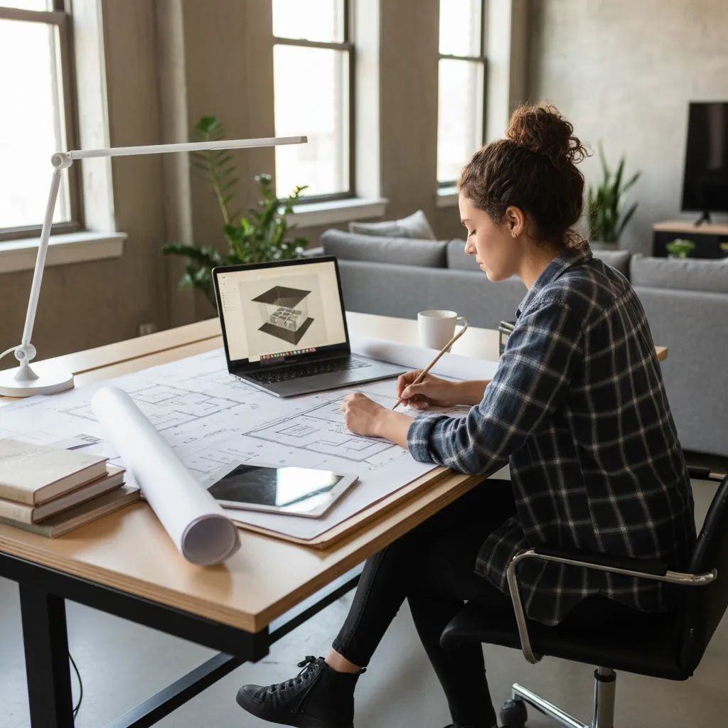 Estudiante de diseño de interiores trabajando con portátil y plano de vivienda