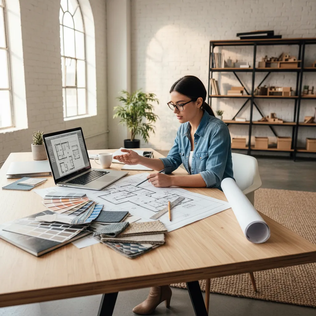 Estudiante de interiorismo trabajando en un proyecto con planos y portátil