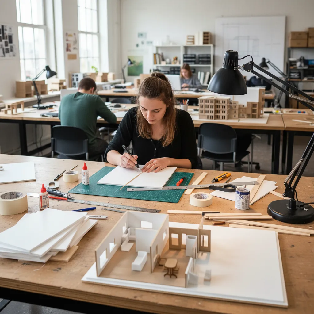 A female student building a small house model using tools on a wooden work table