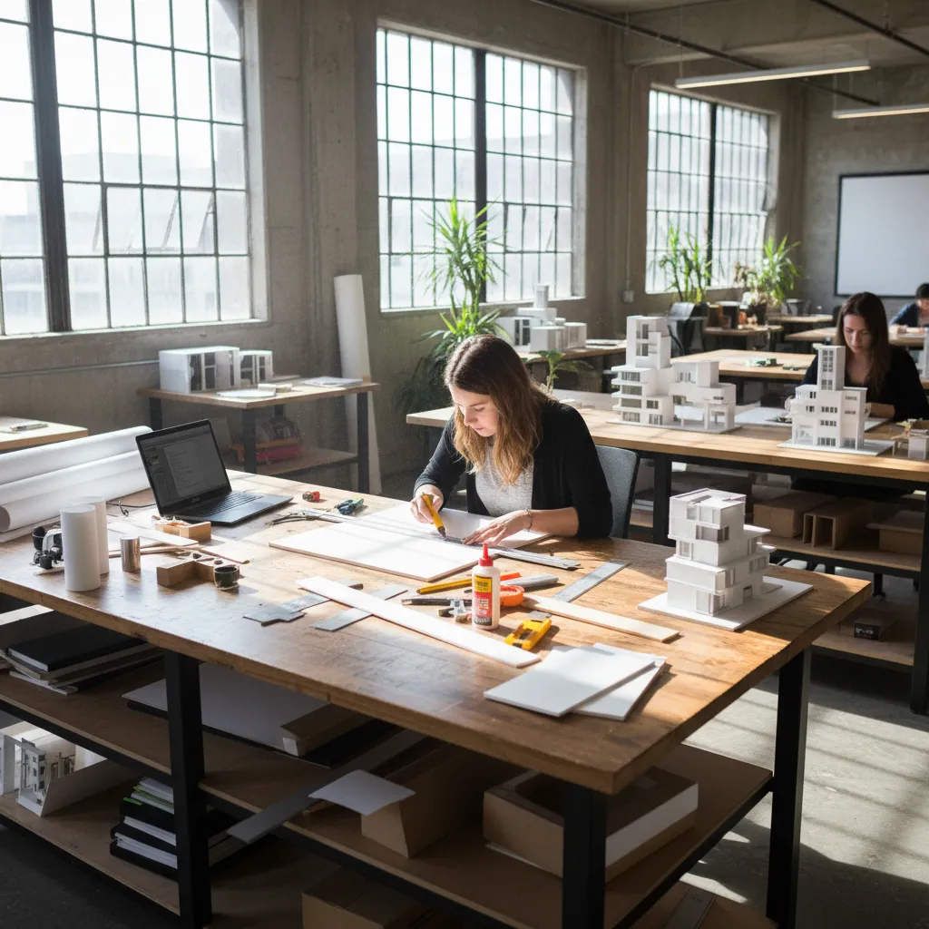 Estudiante construyendo una maqueta arquitectónica de un espacio interior
