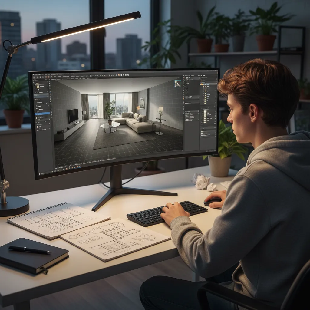 Young man using large monitor to create interior design drawing with sketches on his desk