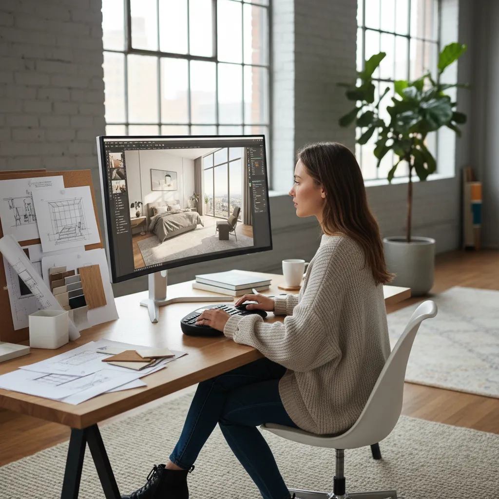 Woman designer using a computer to create a bedroom interior design drawing at her desk