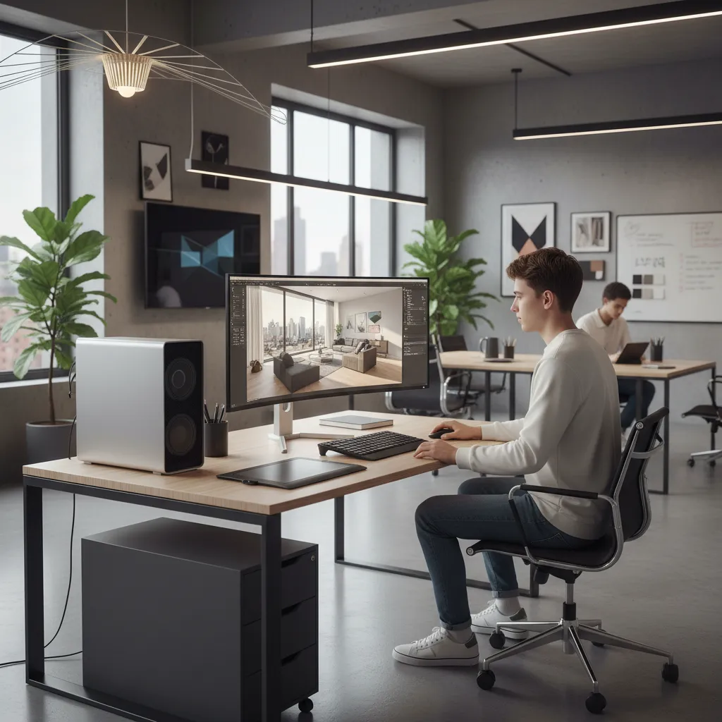 Designer working on an interior design drawing using a computer in a modern grey studio