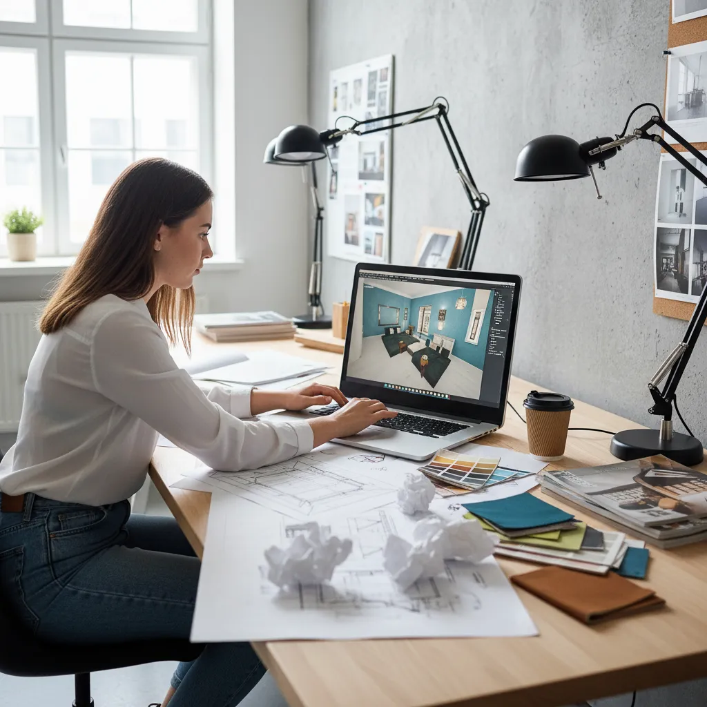 Designer using laptop to create room layout with floor plans and color swatches on desk
