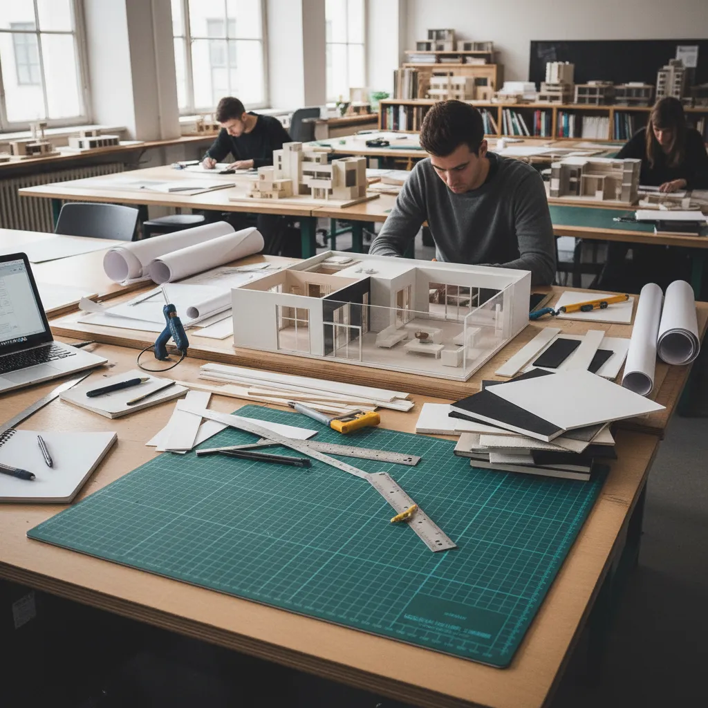 Estudiante de diseño de interiores trabajando en una maqueta de espacio