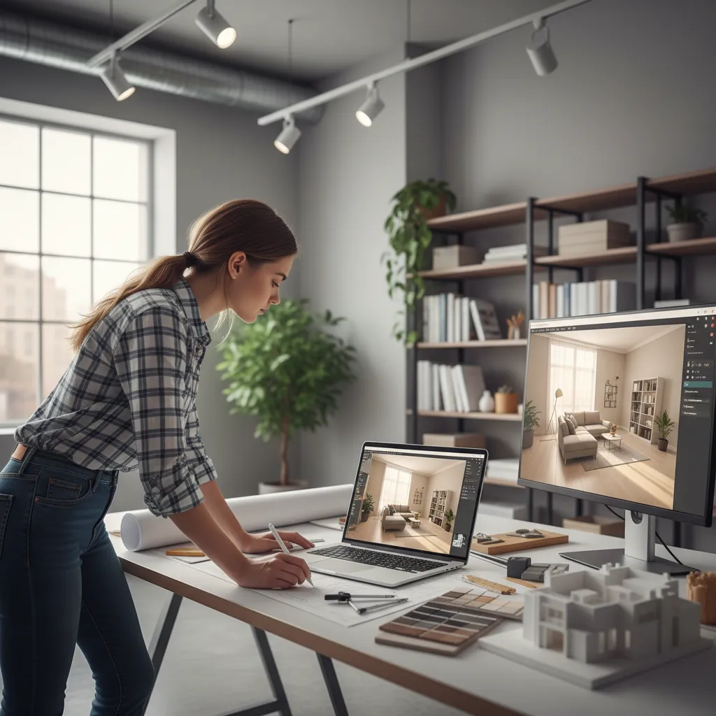 Estudiante planificando distribución de muebles en plano digital