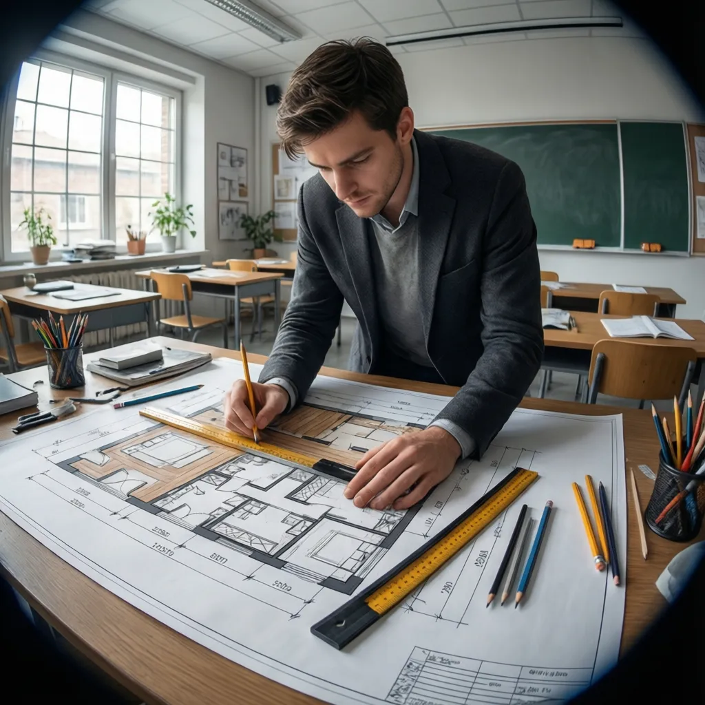 Man in classroom using ruler and pencil to draw house floor plan on large paper