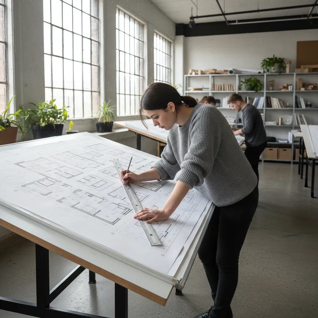 Estudiante dibujando planos técnicos de interiorismo en una mesa de trabajo
