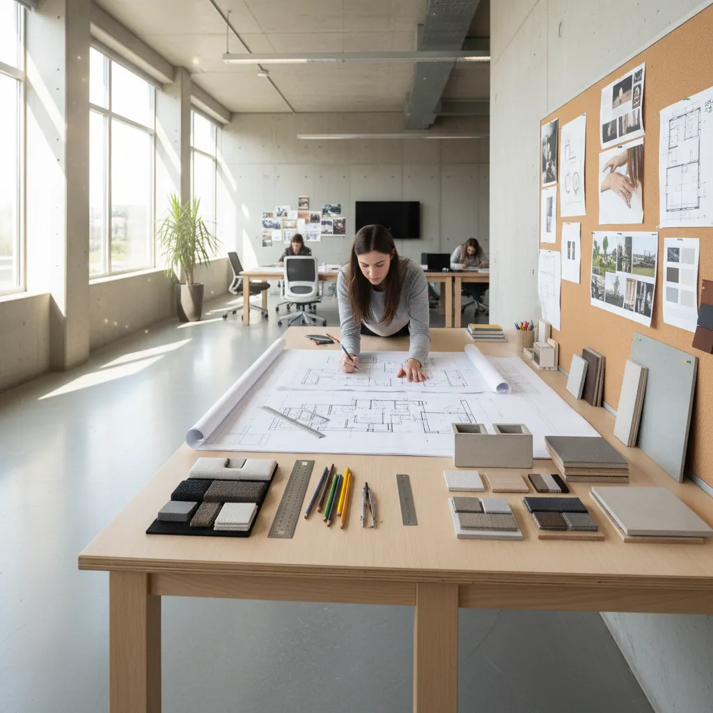 estudiante revisando planos de distribución en una mesa de trabajo