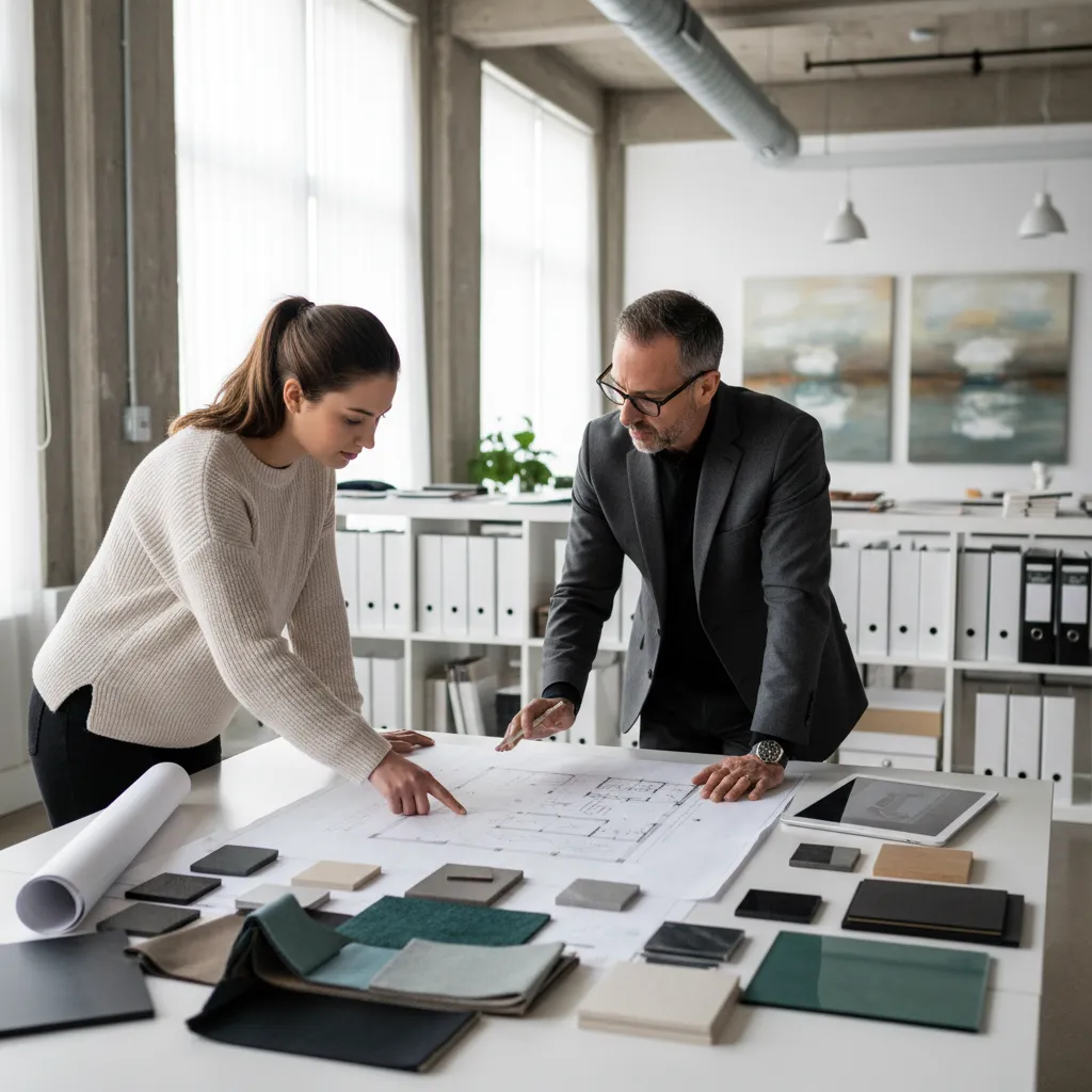 Man and woman looking at floor plan with material samples on large white office desk