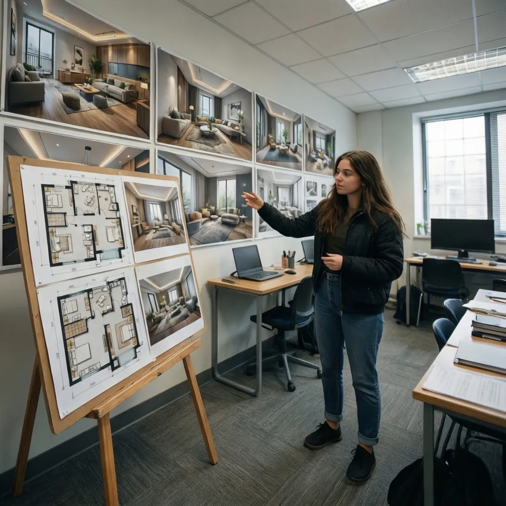 Estudiante presentando paneles de proyecto de interiorismo