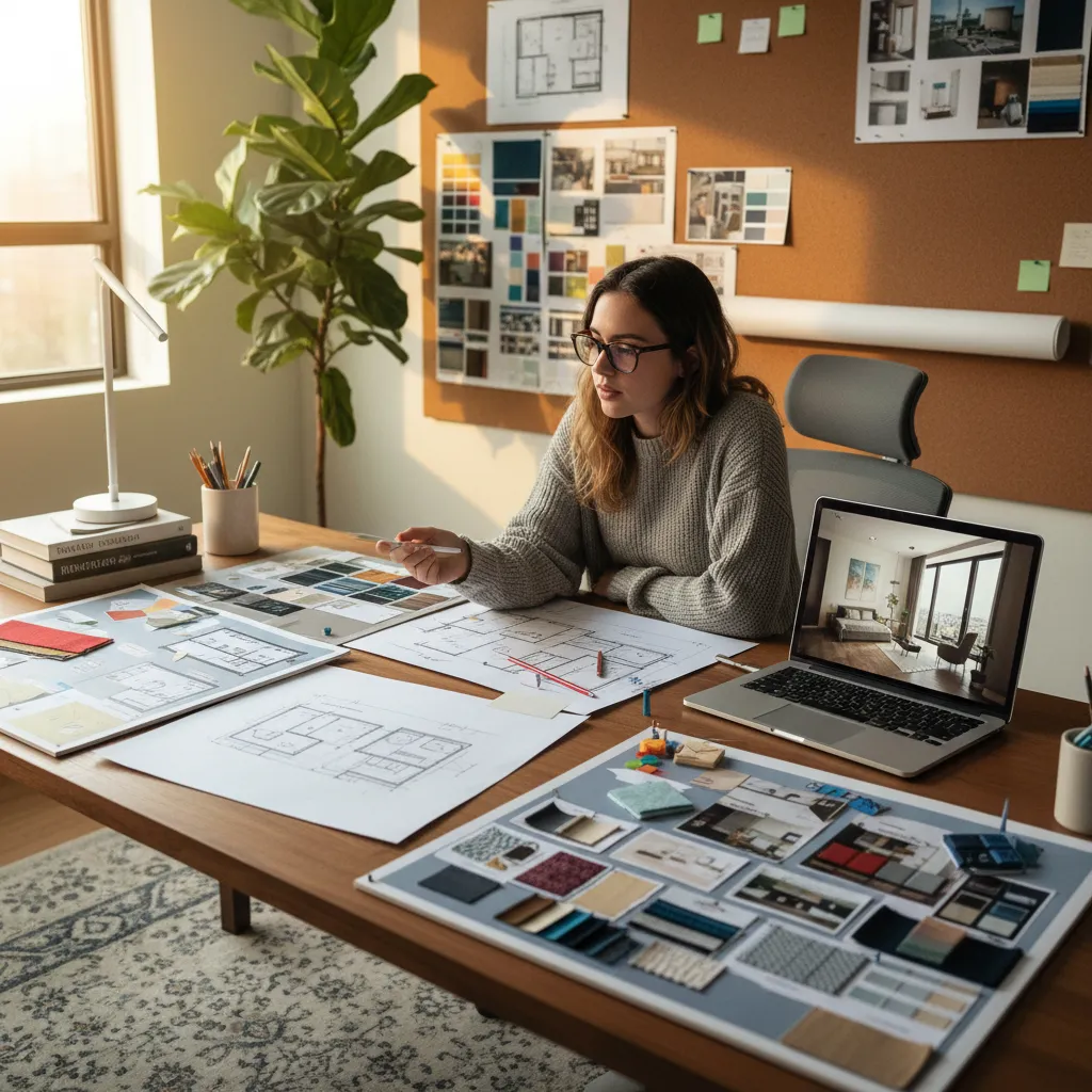 Female student sitting at wooden desk reviewing room layout drawings and material samples with laptop