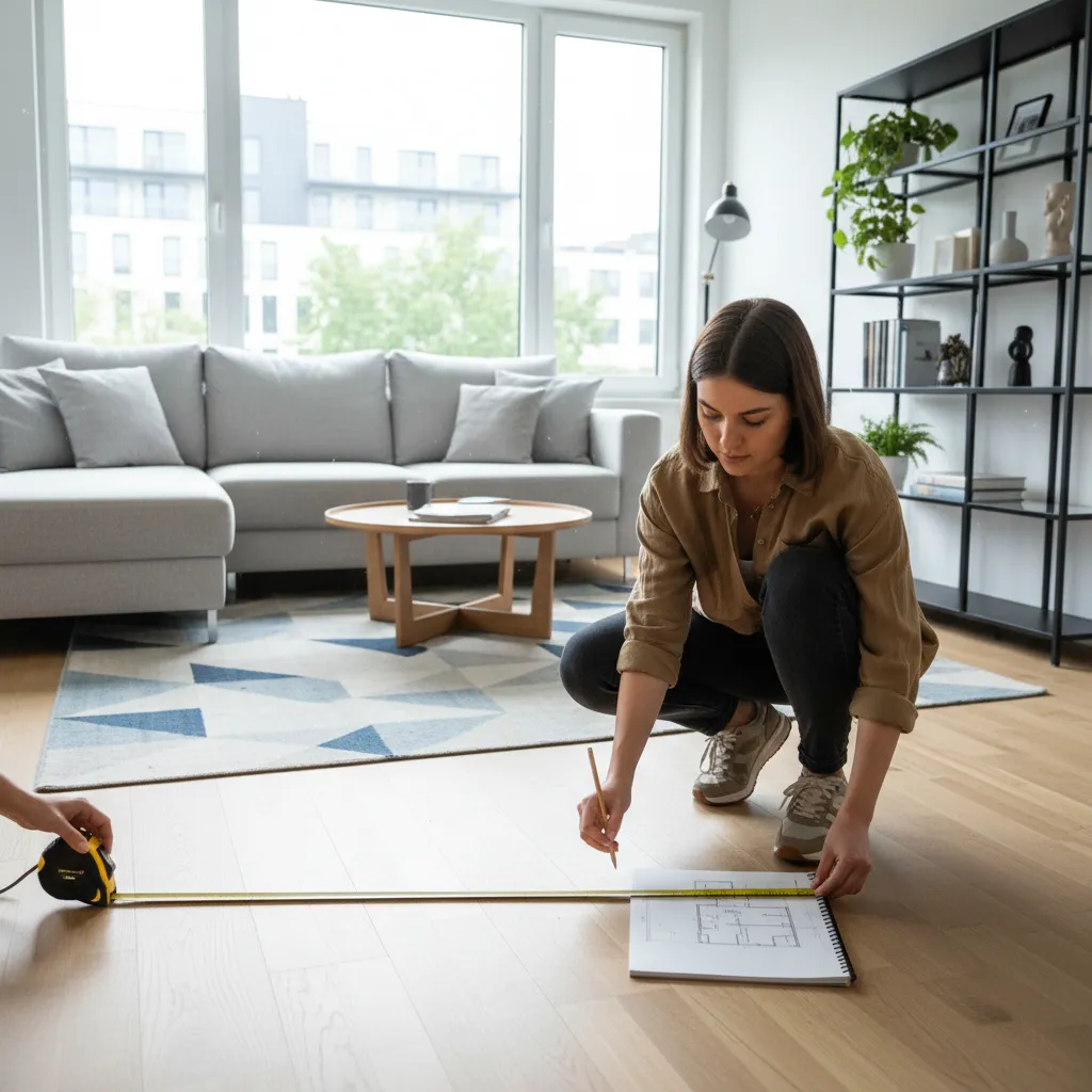 Persona analizando el diseño de un salón con medidas y croquis