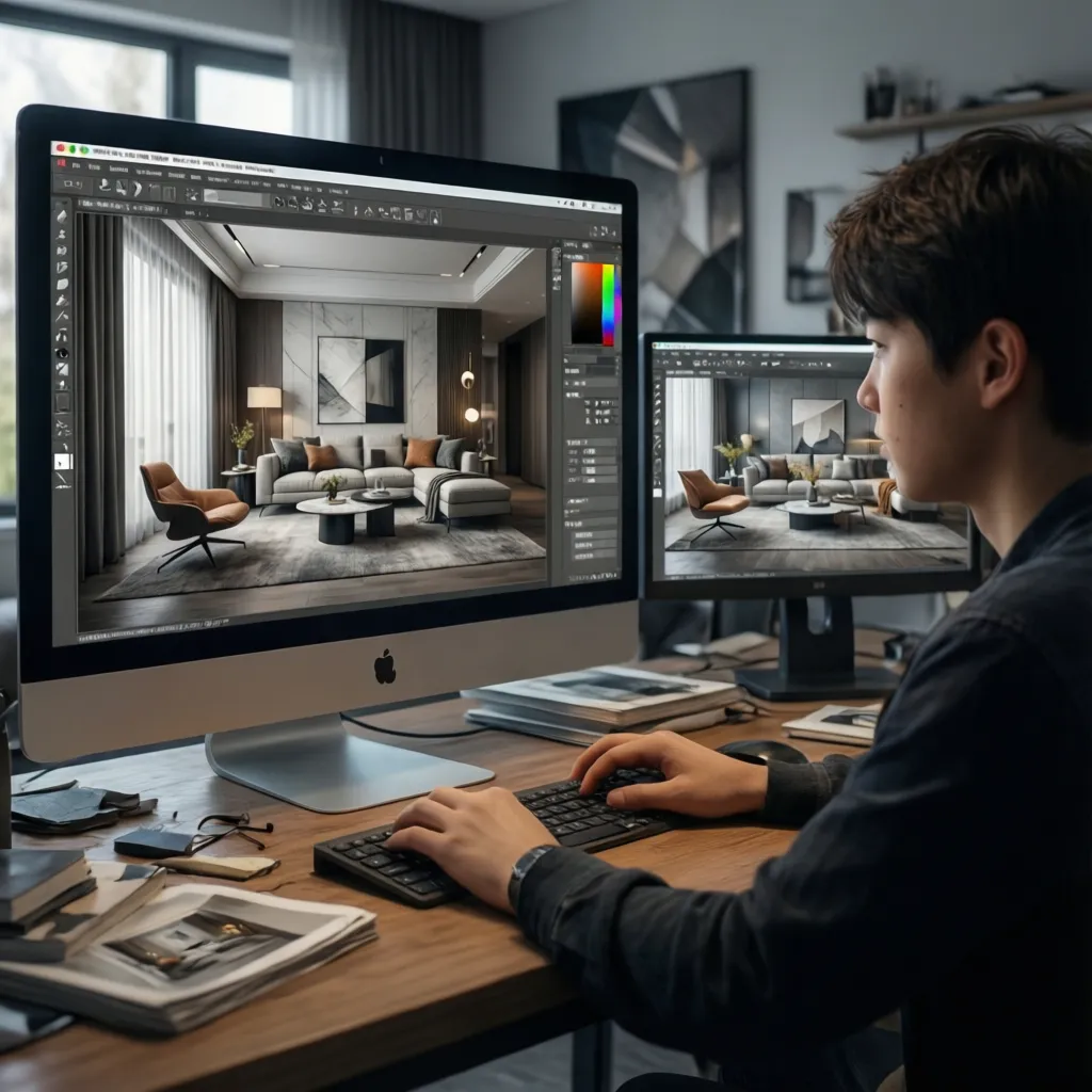 Estudiante creando un render 3D de una sala moderna