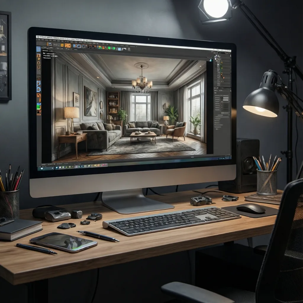 Estudiante creando render 3D de un interior moderno en ordenador