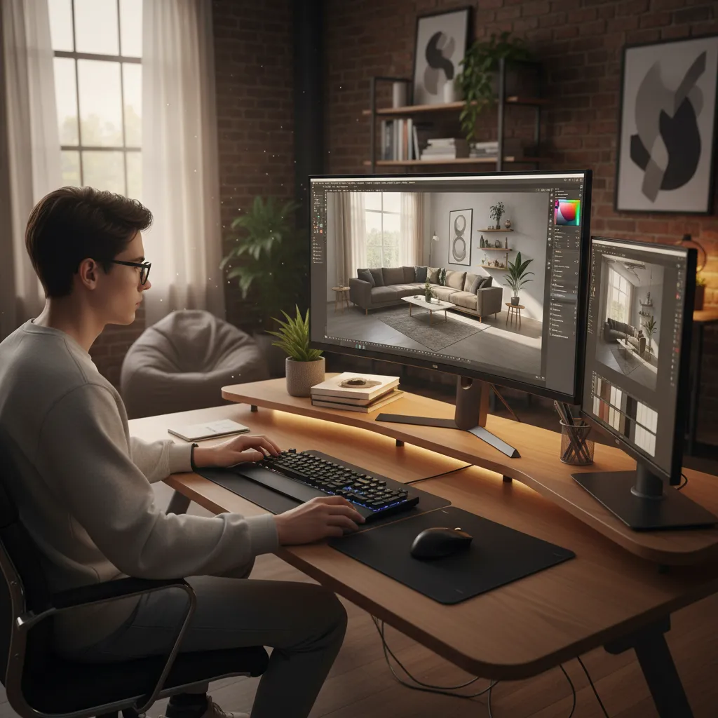 Estudiante creando render 3D de sala moderna en computadora