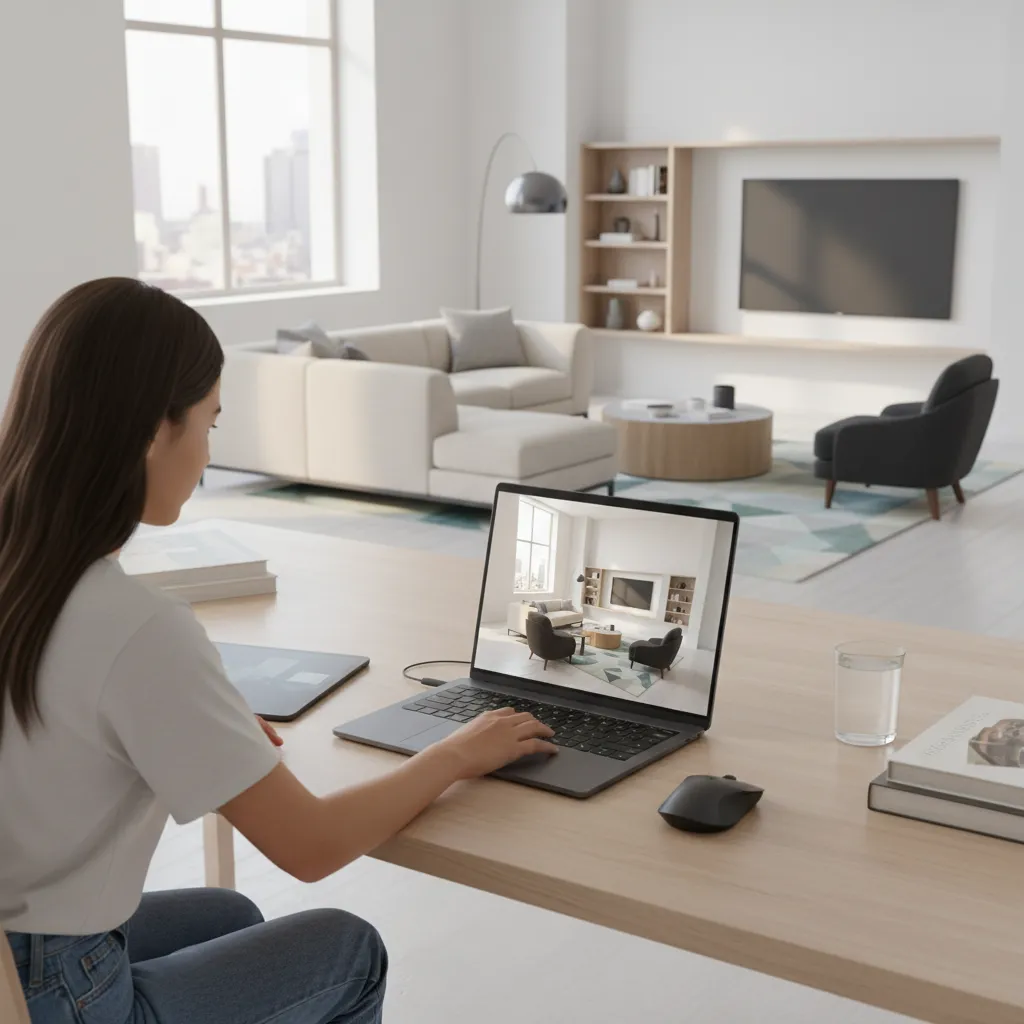 Woman using laptop to view interior design drawing of living room with sofa and window