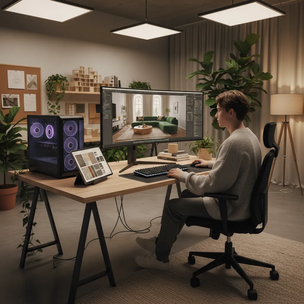 Estudiante creando un render de interior en ordenador
