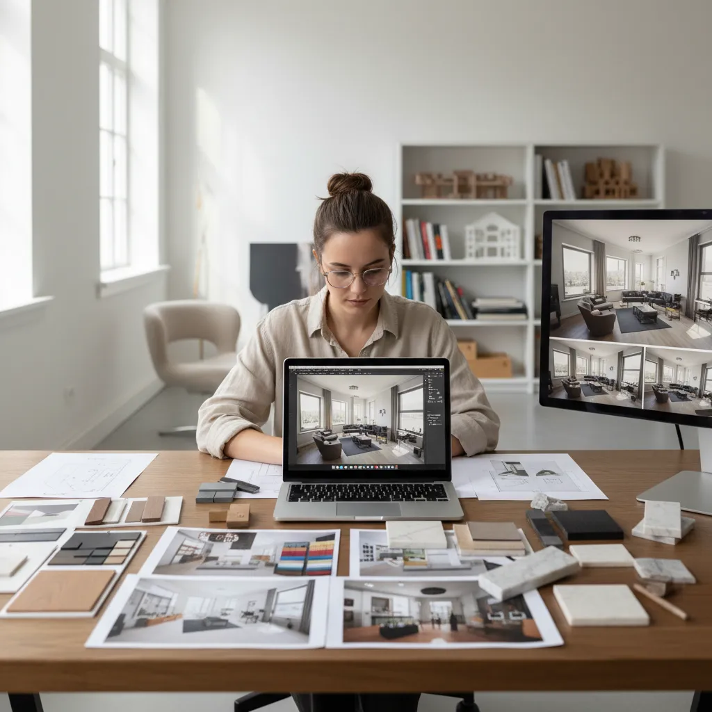 Estudiante de diseño creando un render de interior en computadora