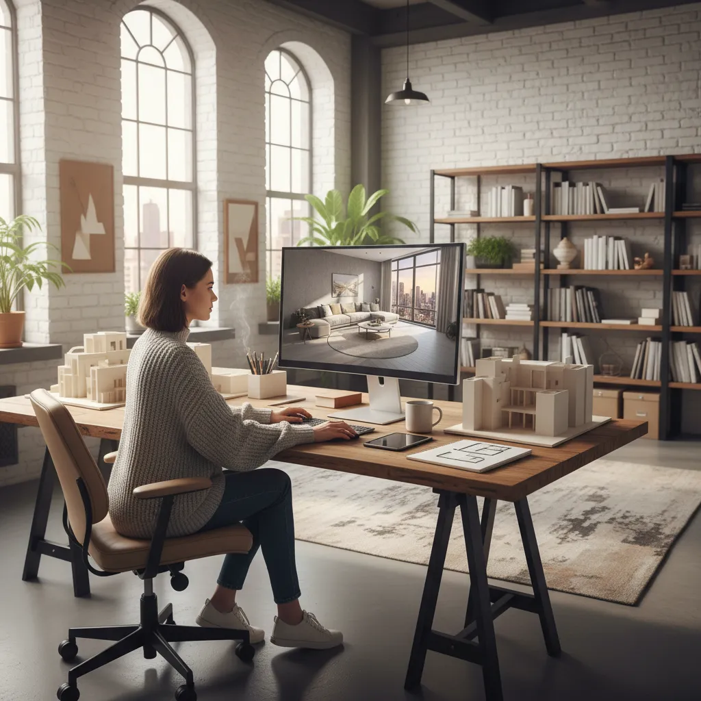 Estudiante creando render de interior en ordenador