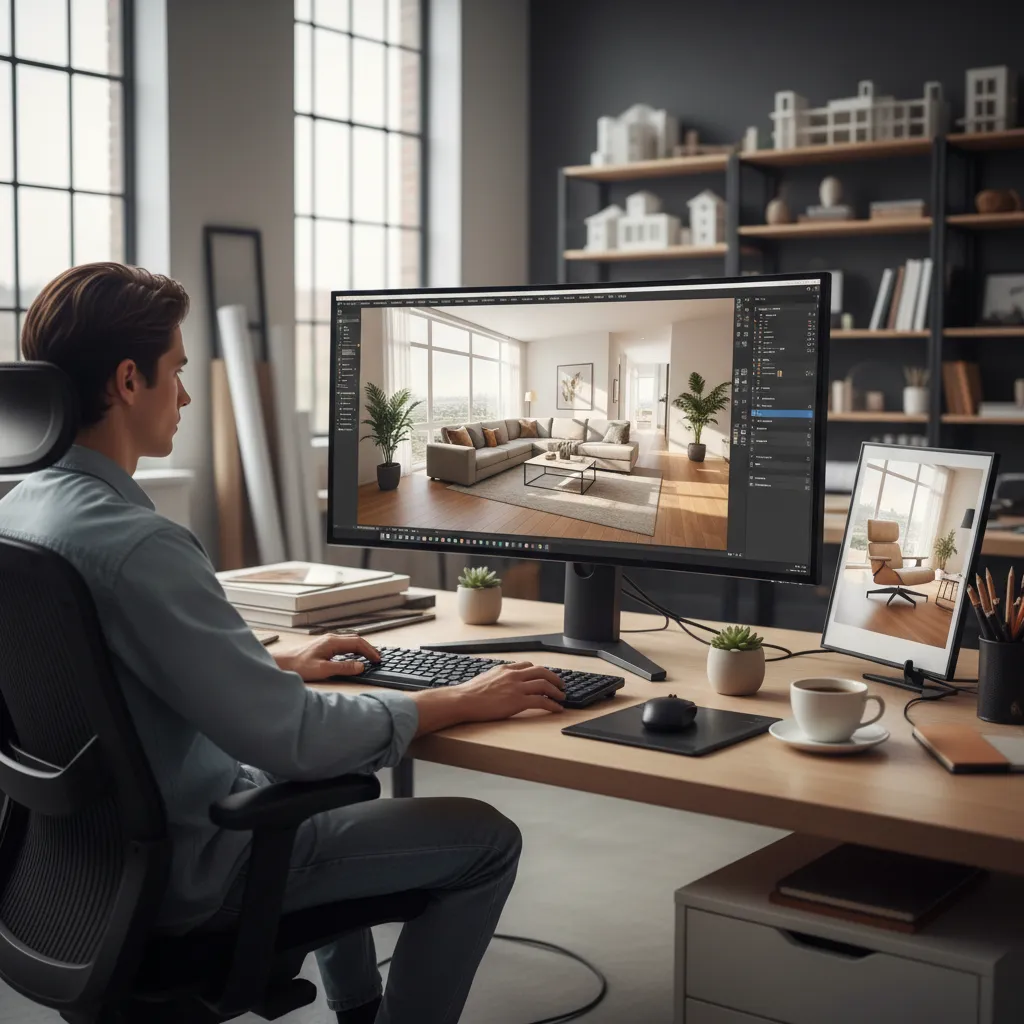 Man sitting at desk using computer to create interior design drawing of modern living room