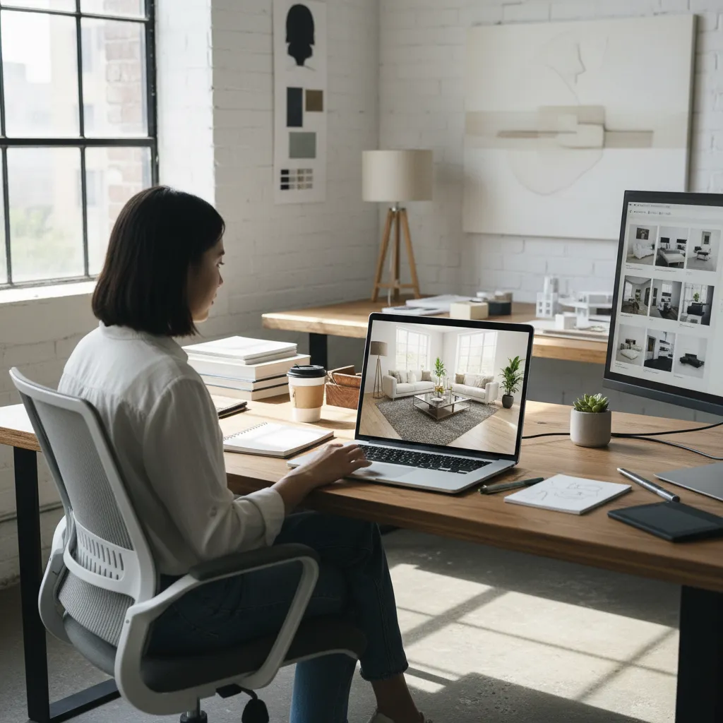 Woman using a laptop to create an interior design drawing of a bright living room