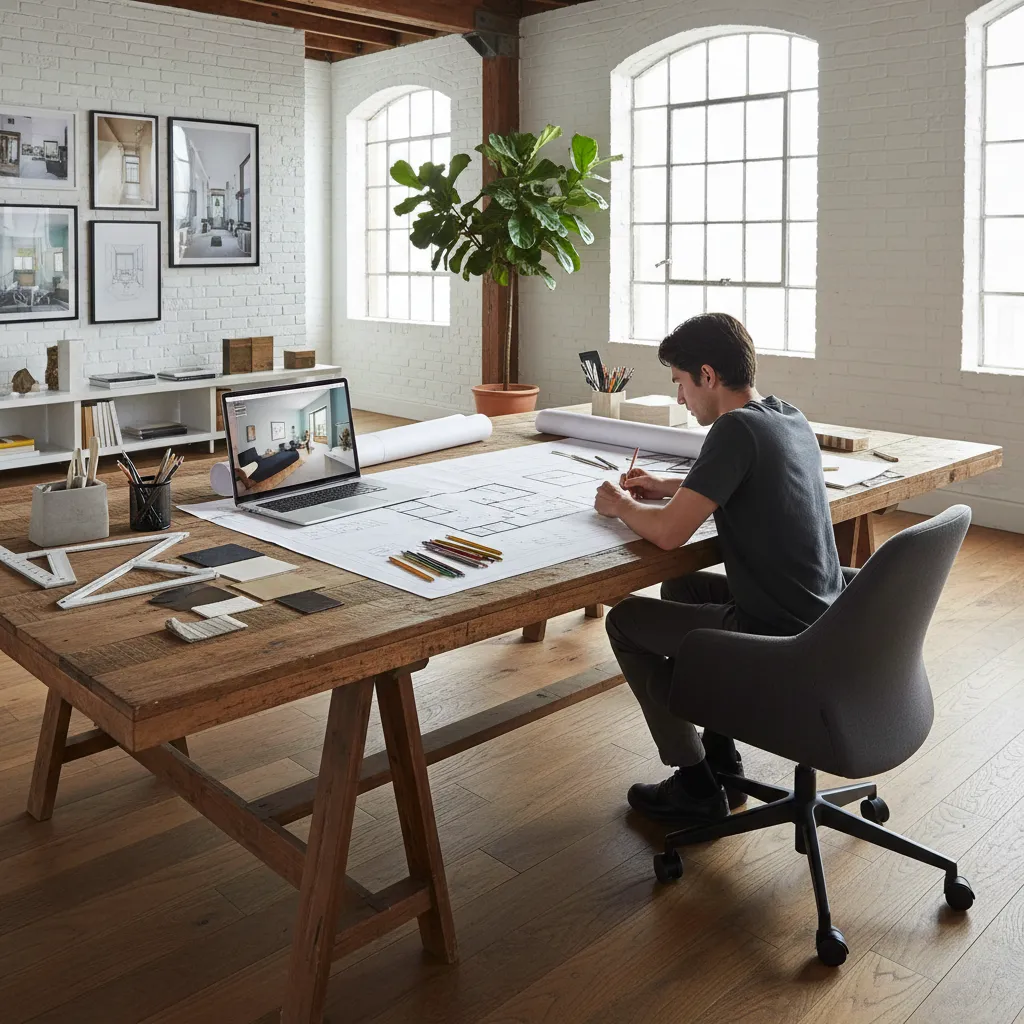 Estudiante trabajando en el plano de un proyecto de interiorismo