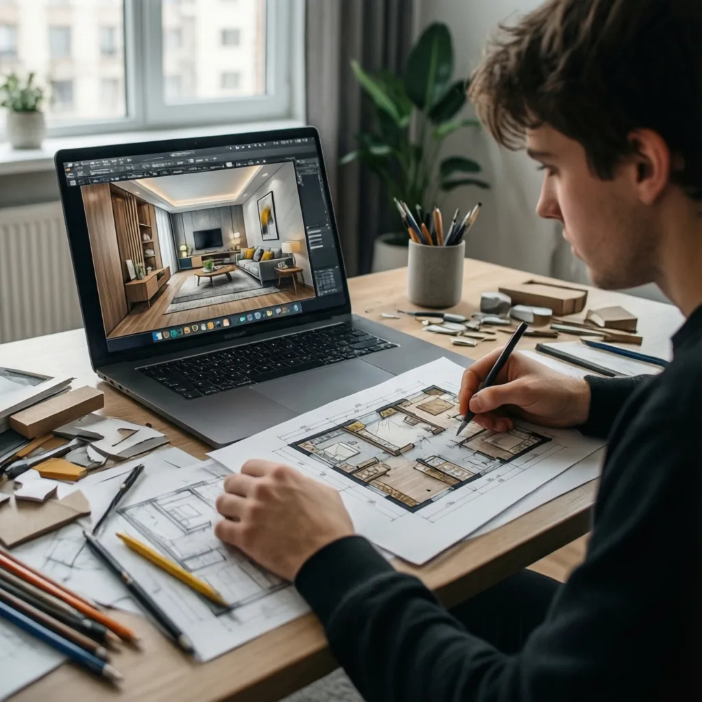 Person drawing floor plan on paper next to laptop showing modern living room interior design