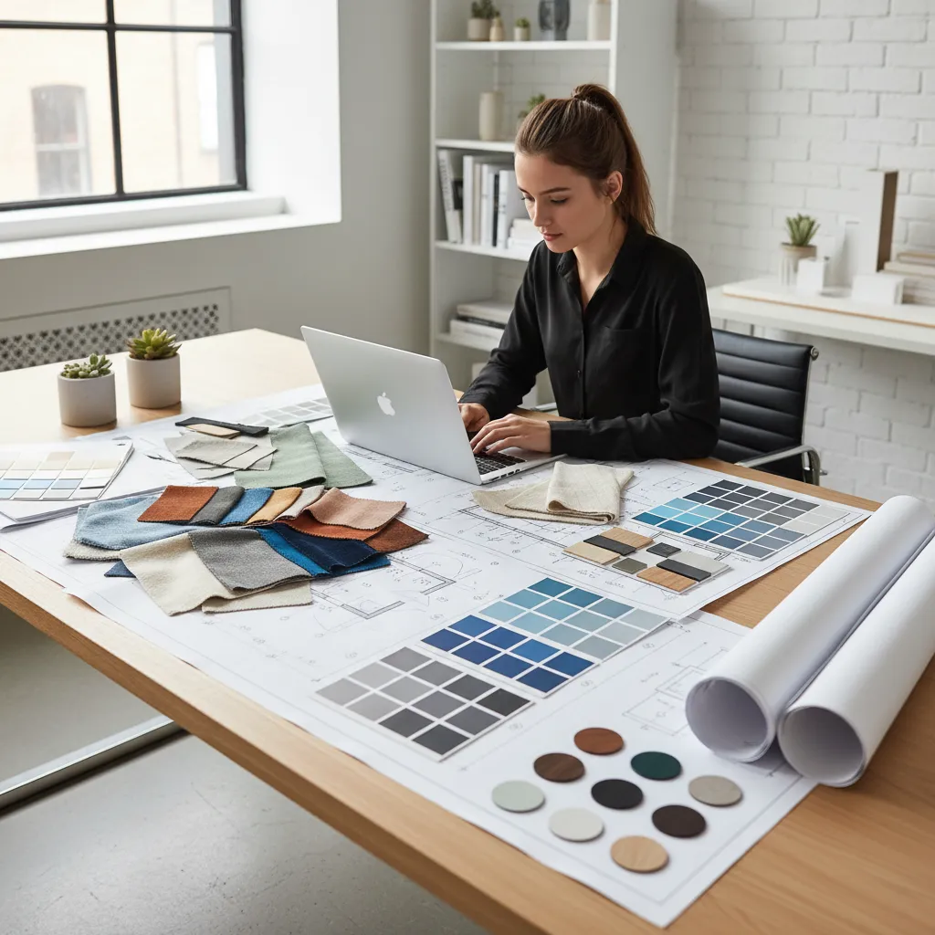 Estudiante de diseño de interiores trabajando en laptop con planos y muestras de materiales