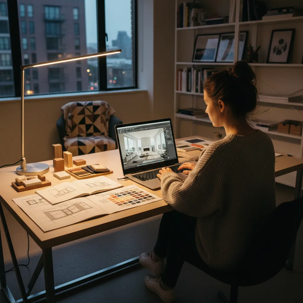 Estudiante de diseño trabajando en renderizado 3D en su portátil