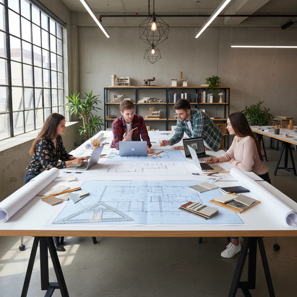 Four interior designers working together around a large table with room layout drawings and laptops