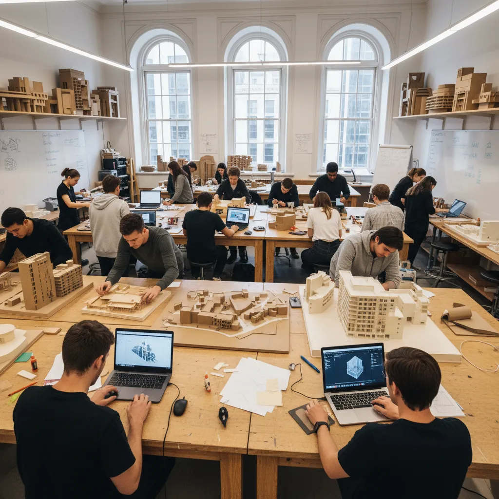 Estudiantes de arquitectura trabajando en maquetas y modelos 3D